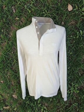 A/X Armani Exchange White Slub Knit Long-Sleeve Polo with Tan Contrast Trim Sz S